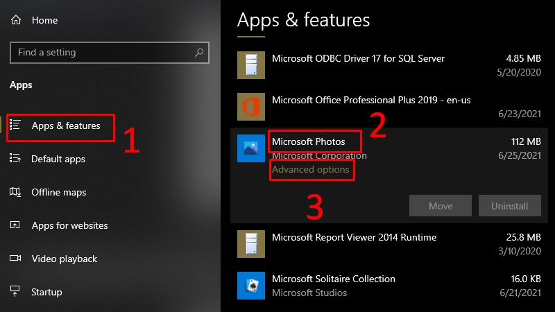 Chọn Advanced options trong Microsoft Photos